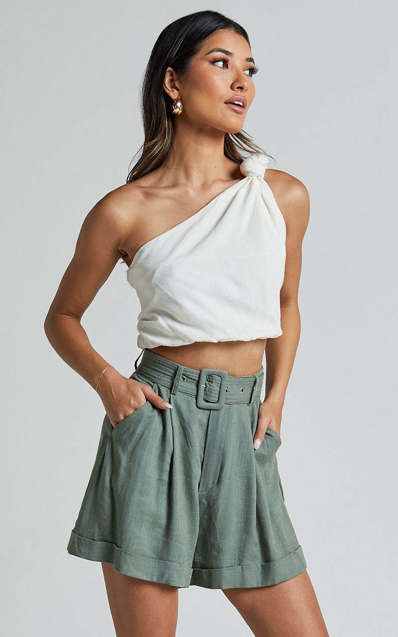 Showpo Lerose Pleated Shorts - Linen Look Belted High Waisted Shorts Sage | YSXCKV291