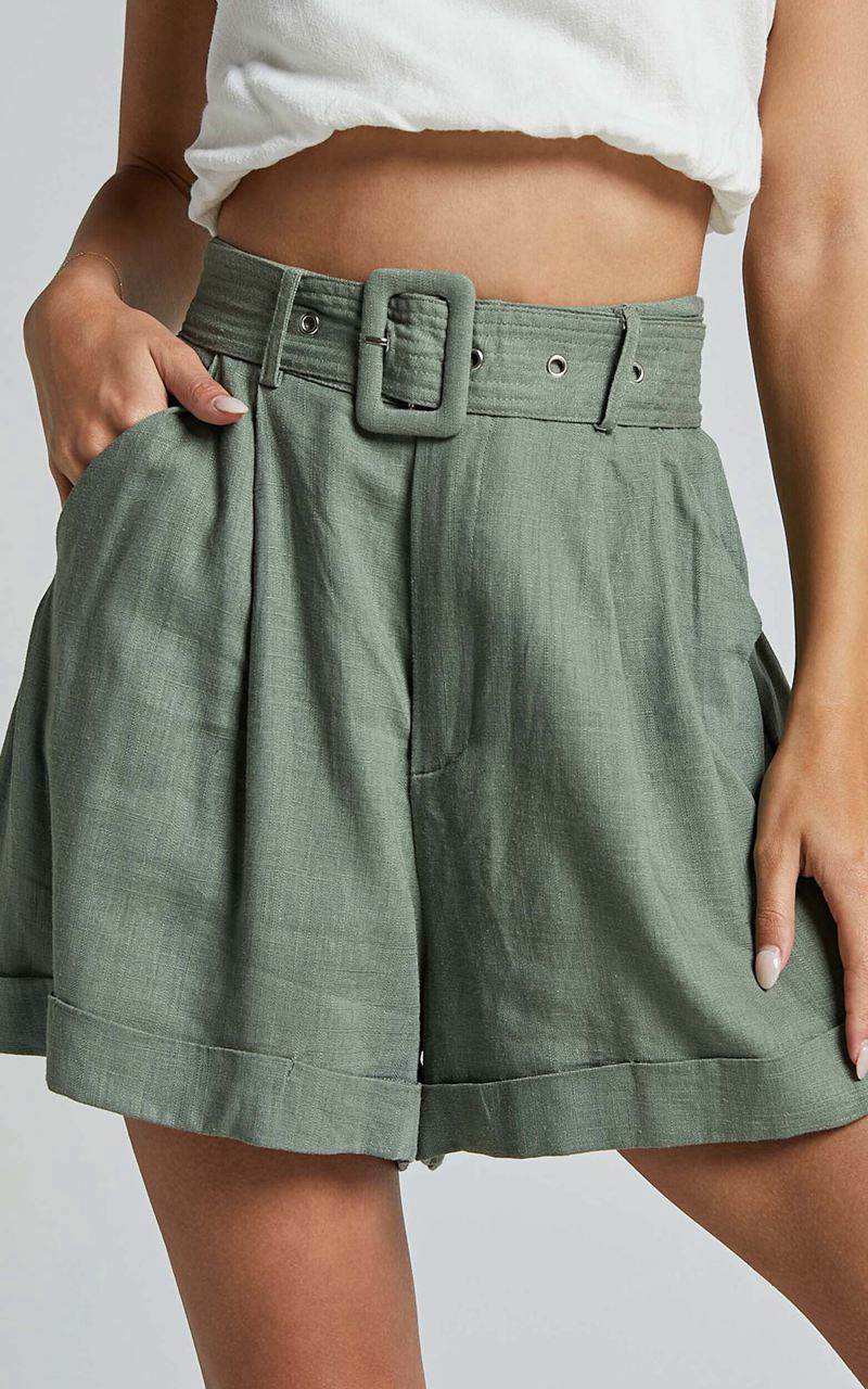 Showpo Lerose Pleated Shorts - Linen Look Belted High Waisted Shorts Sage | YSXCKV291