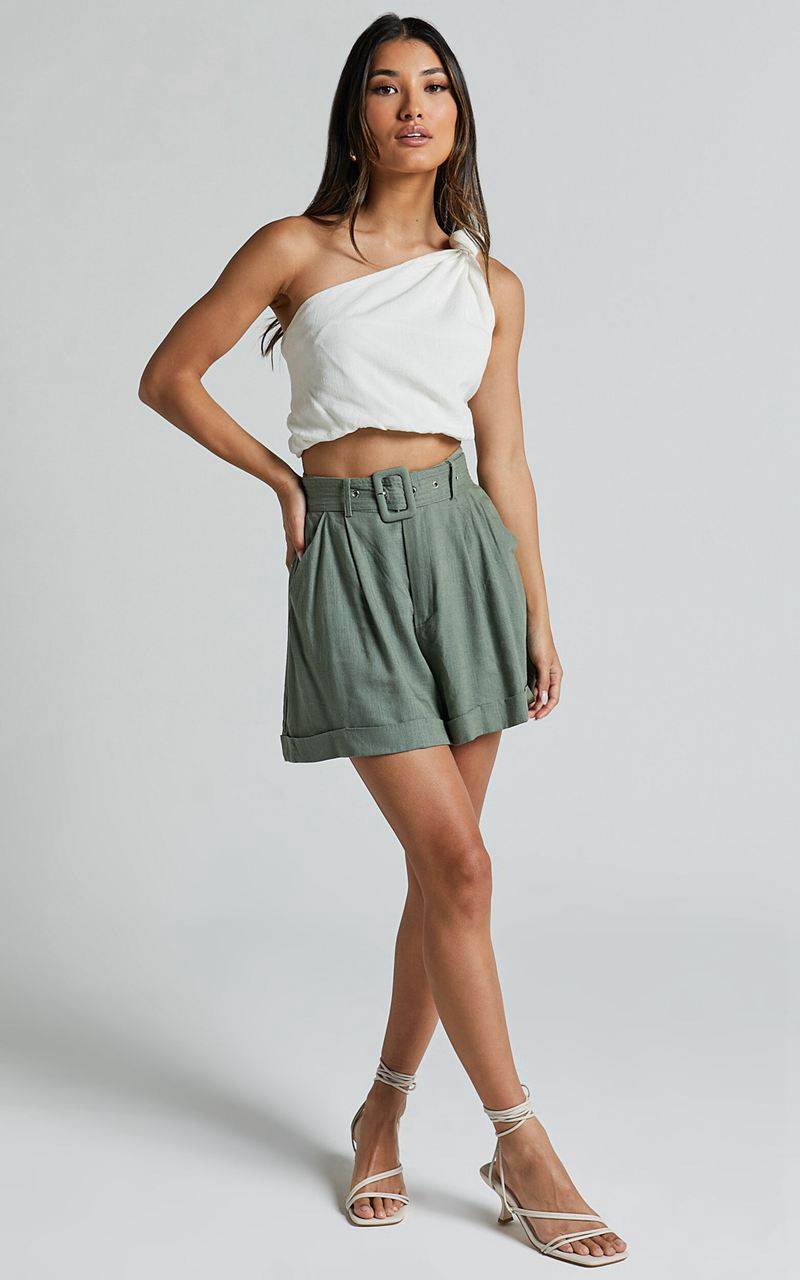 Showpo Lerose Pleated Shorts - Linen Look Belted High Waisted Shorts Sage | YSXCKV291