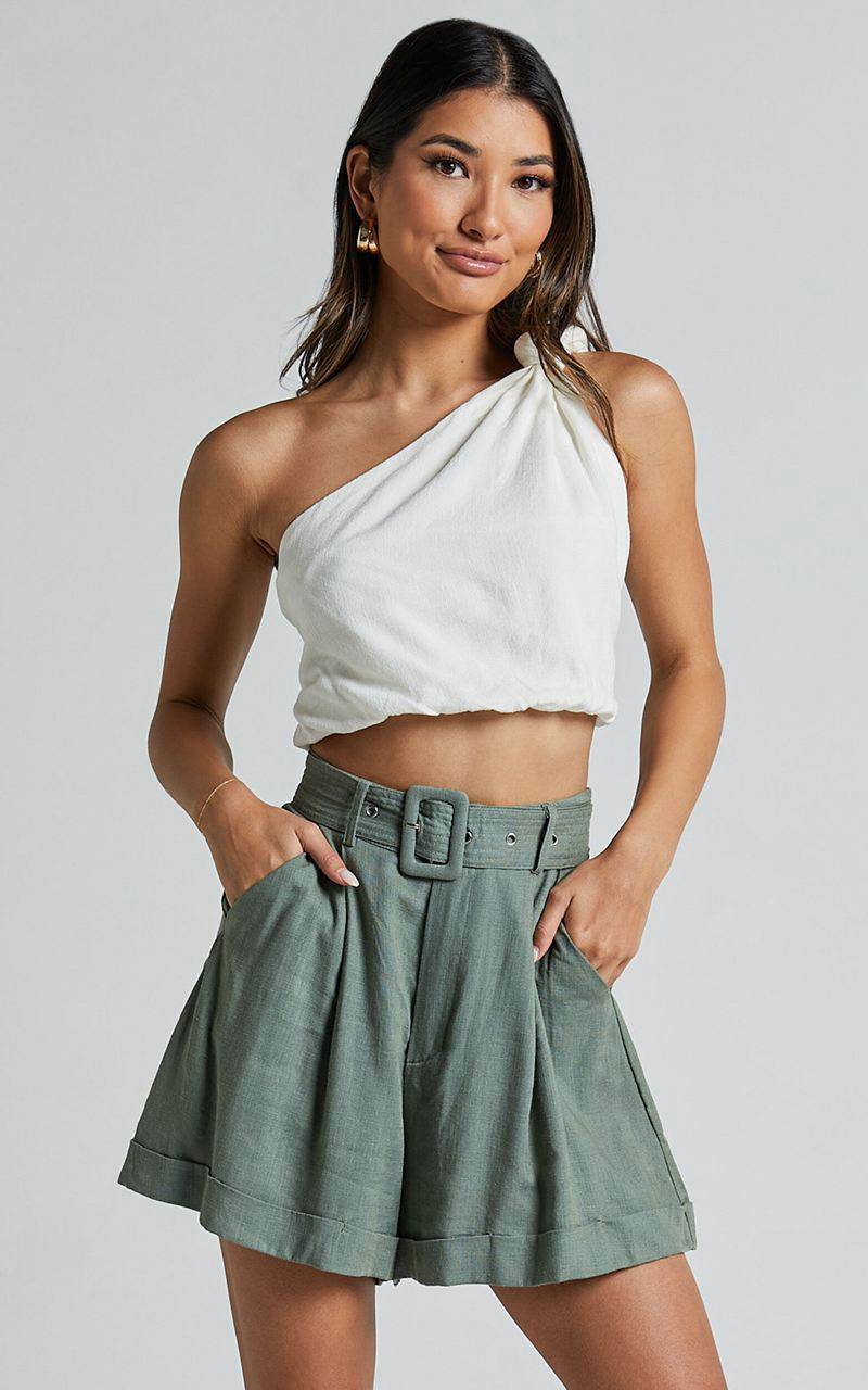 Showpo Lerose Pleated Shorts - Linen Look Belted High Waisted Shorts Sage | YSXCKV291