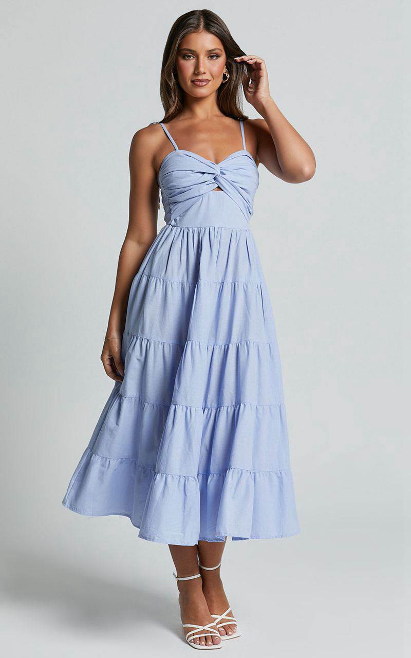 Showpo Leticia Midi Dress - Twist Front Tie Strap Tiered Dress Pale Blue | RGZBIE960