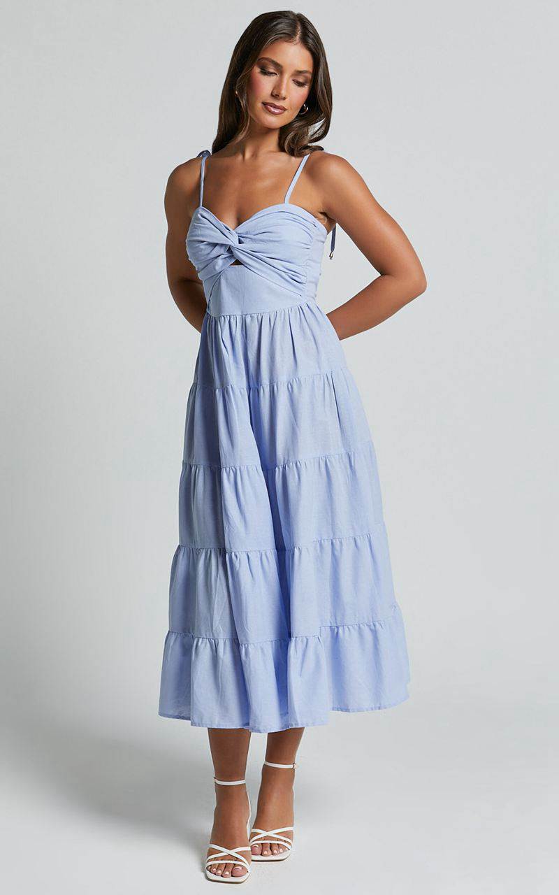 Showpo Leticia Midi Dress - Twist Front Tie Strap Tiered Dress Pale Blue | RGZBIE960