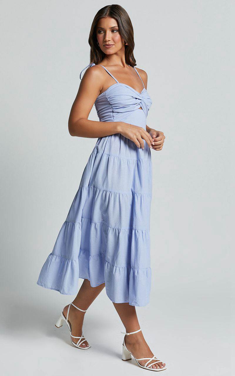 Showpo Leticia Midi Dress - Twist Front Tie Strap Tiered Dress Pale Blue | RGZBIE960