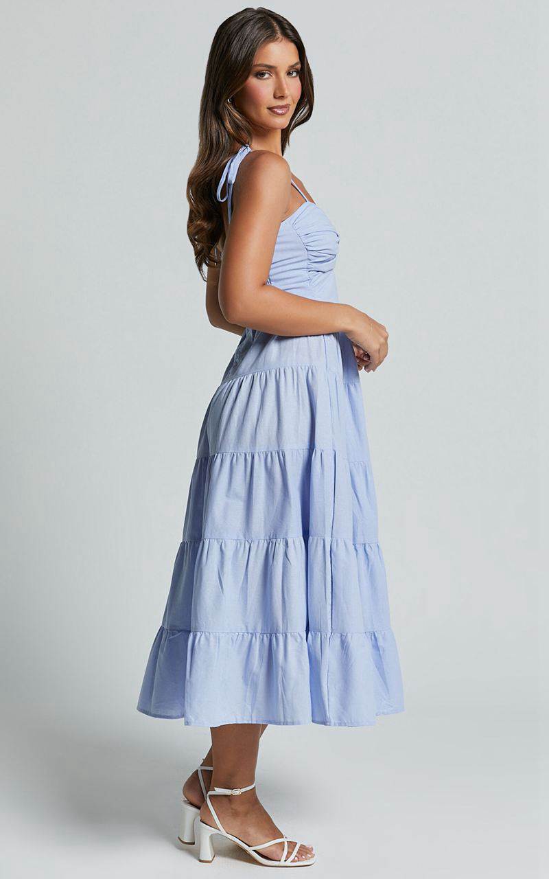 Showpo Leticia Midi Dress - Twist Front Tie Strap Tiered Dress Pale Blue | RGZBIE960