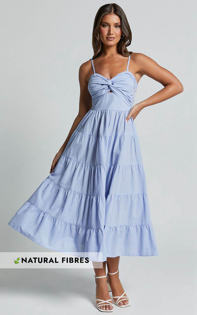 Showpo Leticia Midi Dress - Twist Front Tie Strap Tiered Dress Pale Blue | RGZBIE960