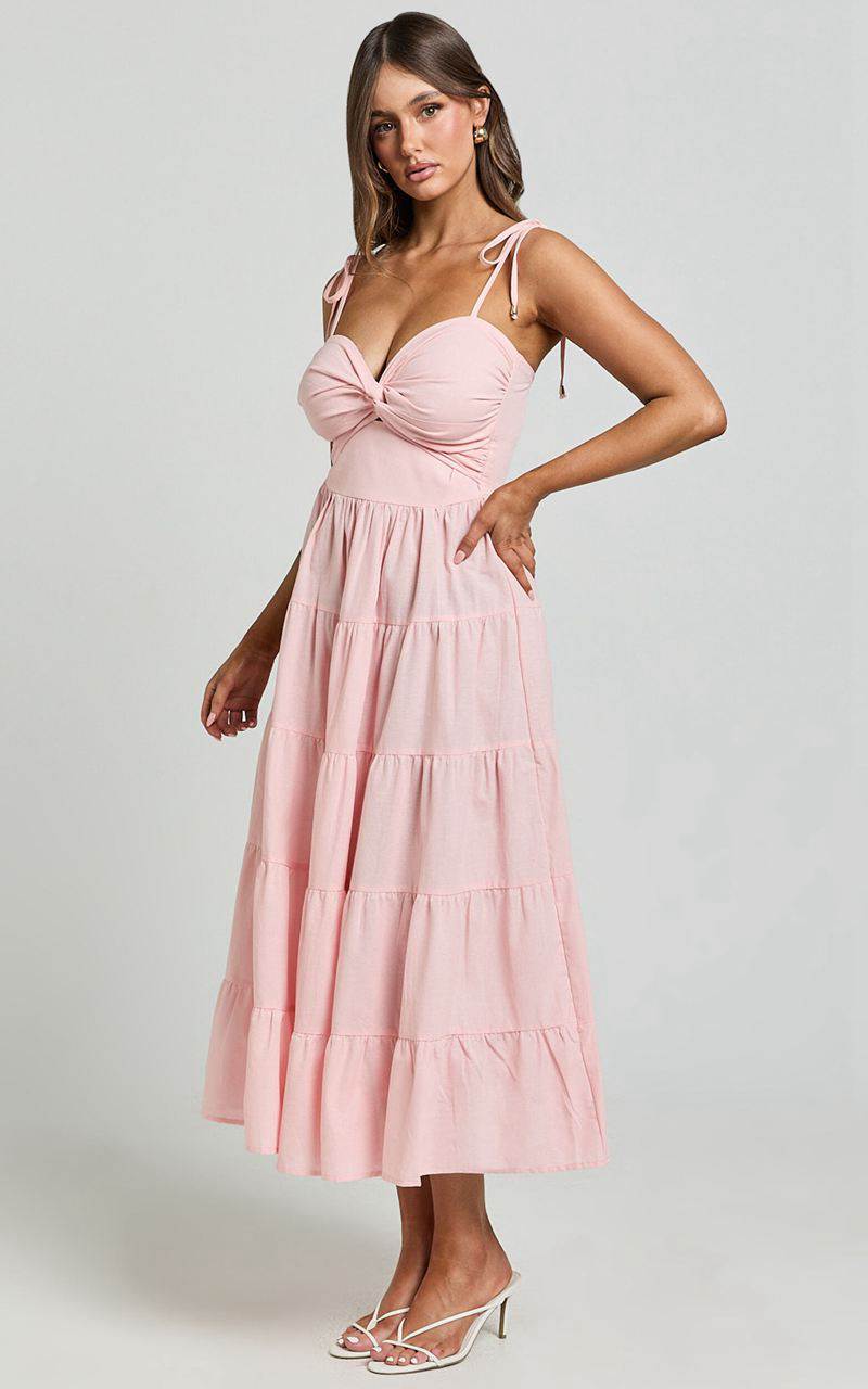 Showpo Leticia Midi Dress - Twist Front Tie Strap Tiered Dress Soft Pink | FNJOWA960