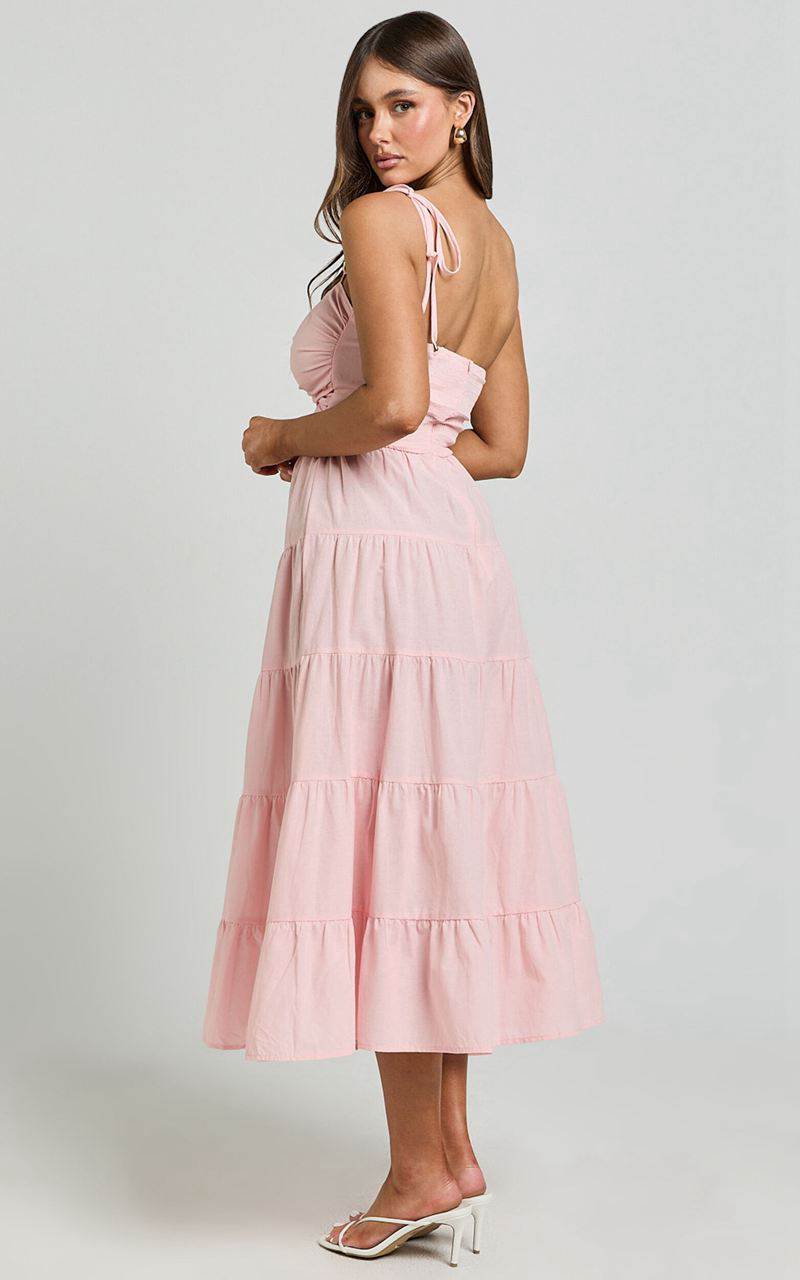 Showpo Leticia Midi Dress - Twist Front Tie Strap Tiered Dress Soft Pink | FNJOWA960