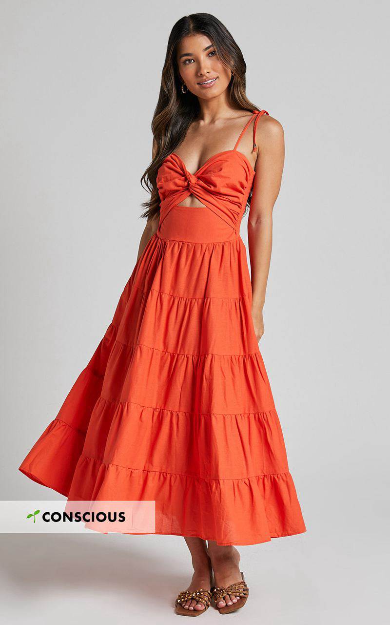 Showpo Leticia Midi Dress - Twist Front Tie Strap Tiered Dress Orange | TUJDIV746