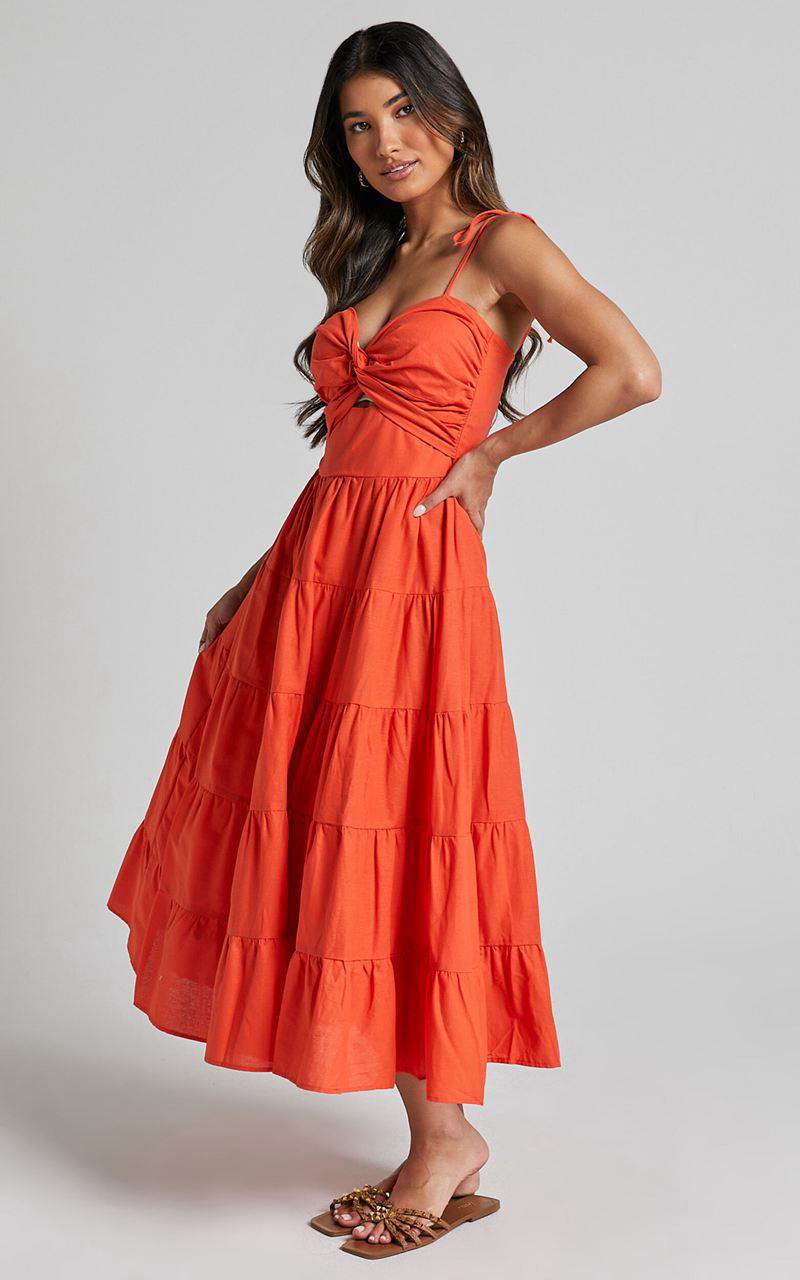 Showpo Leticia Midi Dress - Twist Front Tie Strap Tiered Dress Orange | TUJDIV746