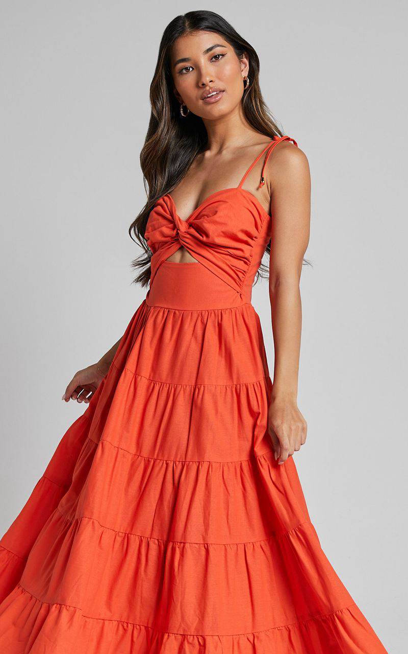 Showpo Leticia Midi Dress - Twist Front Tie Strap Tiered Dress Orange | TUJDIV746