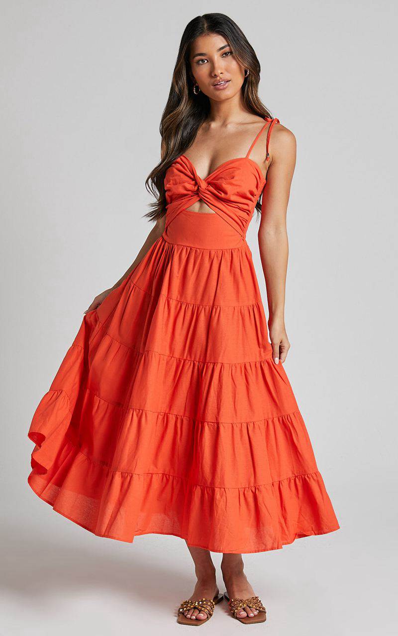 Showpo Leticia Midi Dress - Twist Front Tie Strap Tiered Dress Orange | TUJDIV746