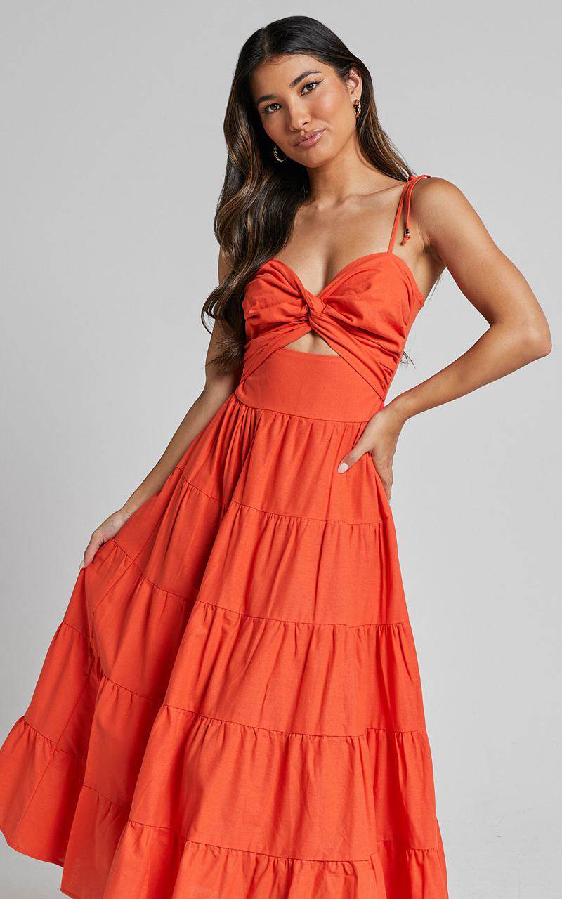 Showpo Leticia Midi Dress - Twist Front Tie Strap Tiered Dress Orange | TUJDIV746