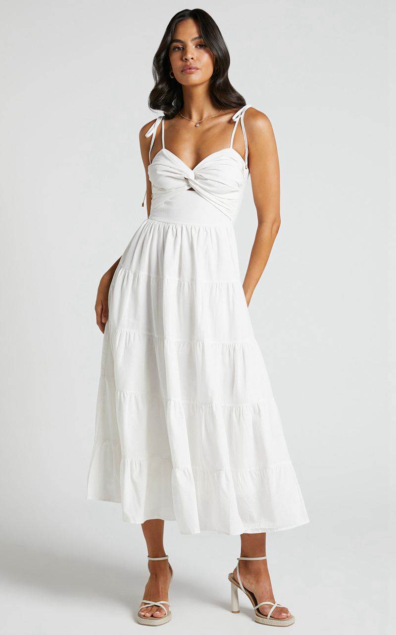 Showpo Leticia Midi Dress - Twist Front Tie Strap Tiered Dress Off White | DAOLRN501