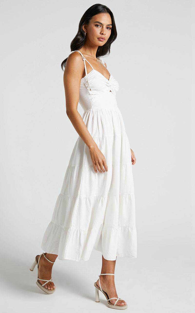 Showpo Leticia Midi Dress - Twist Front Tie Strap Tiered Dress Off White | DAOLRN501