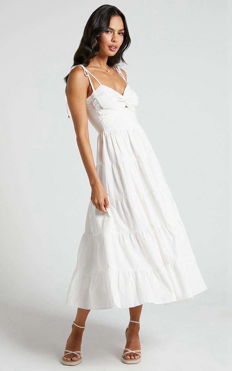 Showpo Leticia Midi Dress - Twist Front Tie Strap Tiered Dress Off White | DAOLRN501