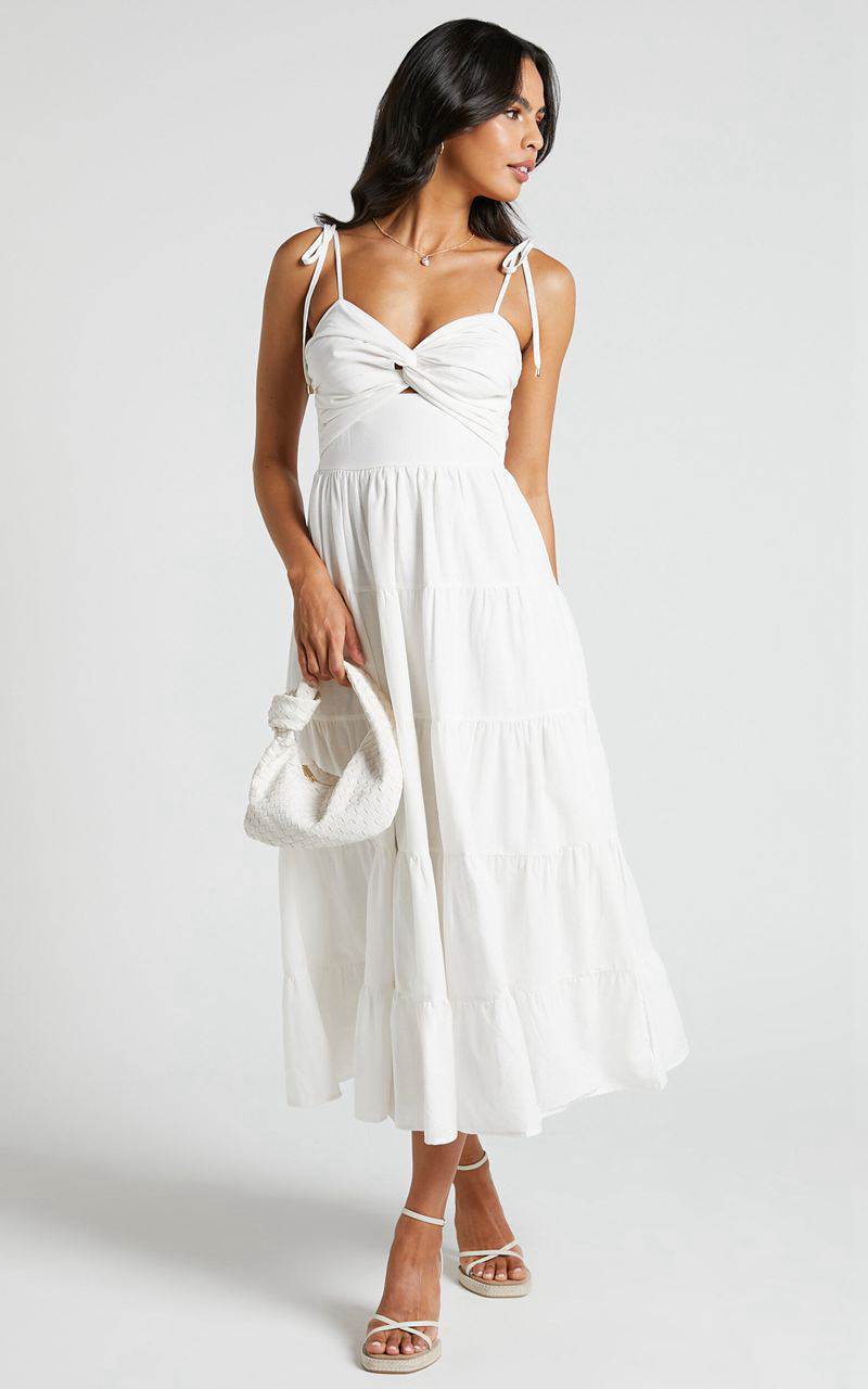 Showpo Leticia Midi Dress - Twist Front Tie Strap Tiered Dress Off White | DAOLRN501