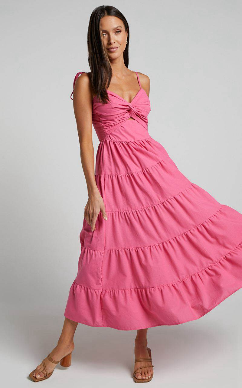 Showpo Leticia Midi Dress - Twist Front Tie Strap Tiered Dress Hot Pink | YHOINF860