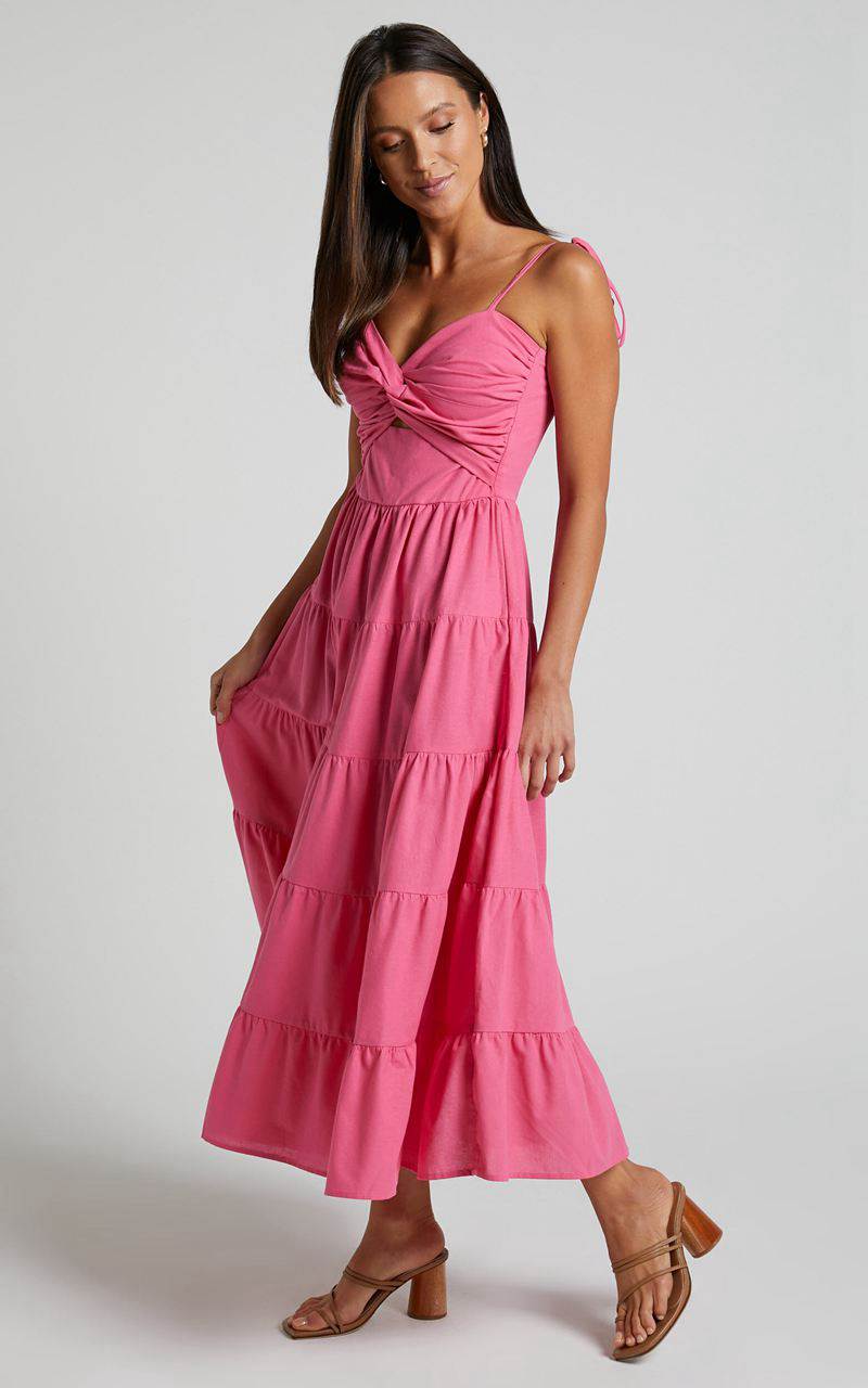 Showpo Leticia Midi Dress - Twist Front Tie Strap Tiered Dress Hot Pink | YHOINF860