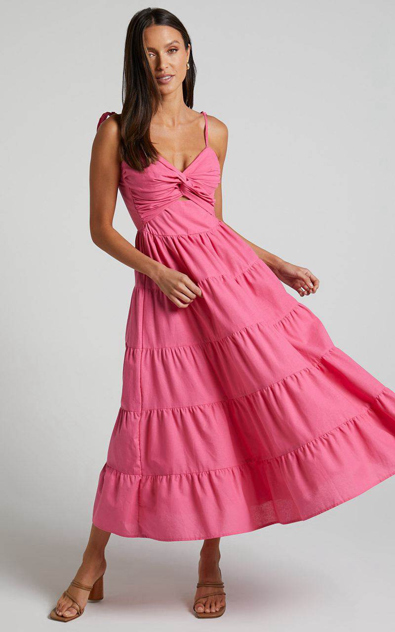 Showpo Leticia Midi Dress - Twist Front Tie Strap Tiered Dress Hot Pink | YHOINF860