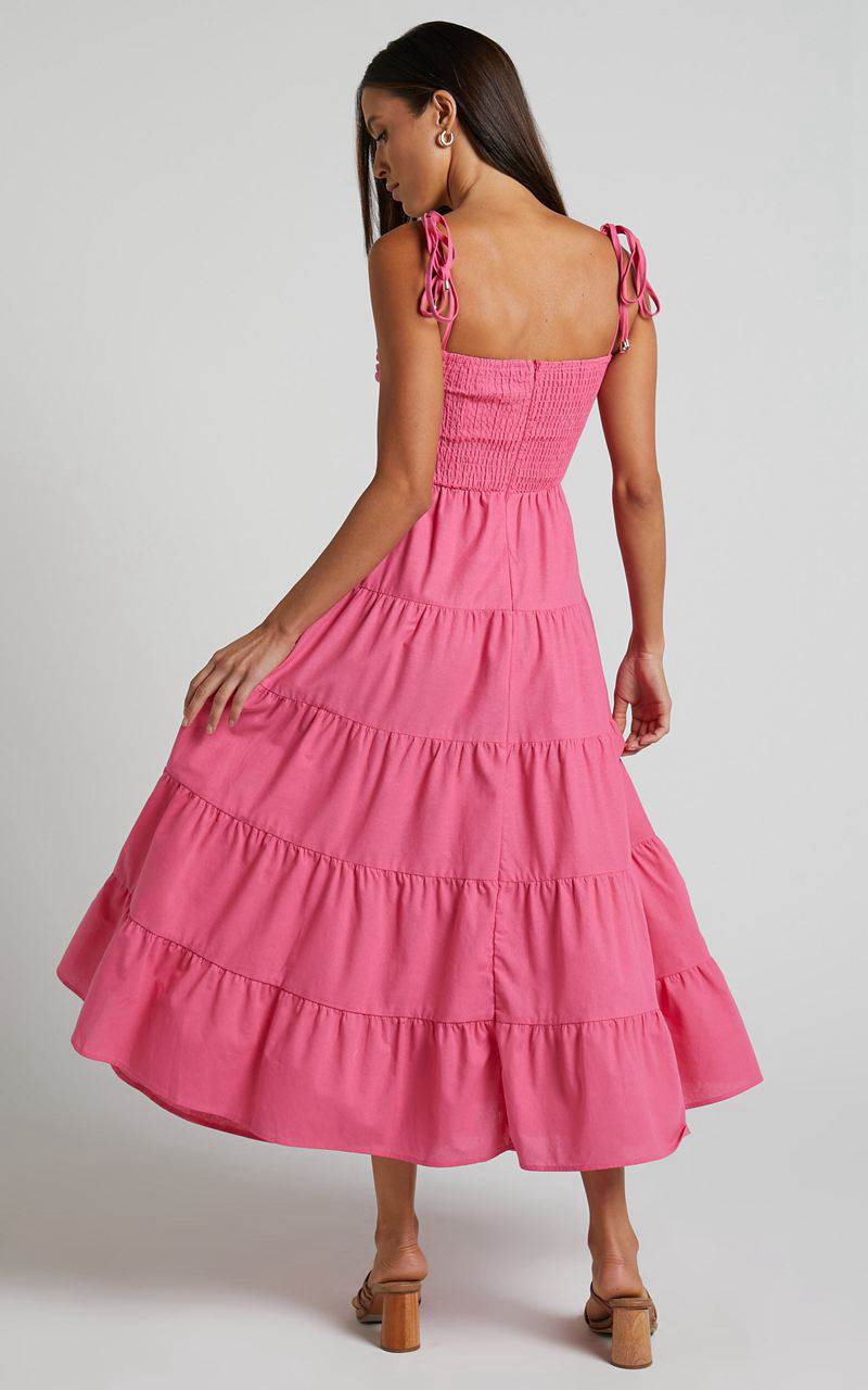 Showpo Leticia Midi Dress - Twist Front Tie Strap Tiered Dress Hot Pink | YHOINF860