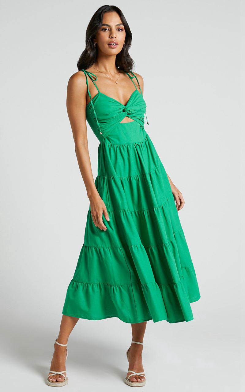 Showpo Leticia Midi Dress - Twist Front Tie Strap Tiered Dress Green | NYAMBW307