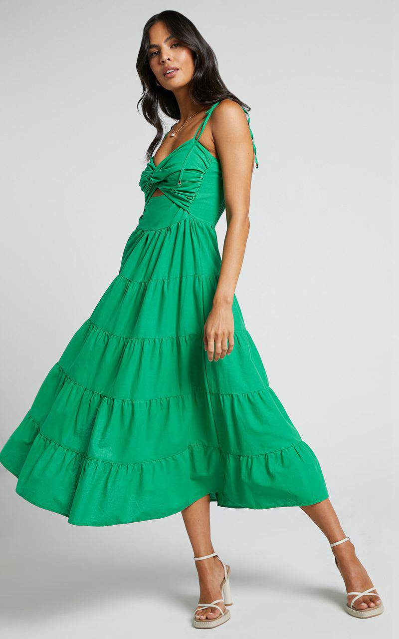 Showpo Leticia Midi Dress - Twist Front Tie Strap Tiered Dress Green | NYAMBW307