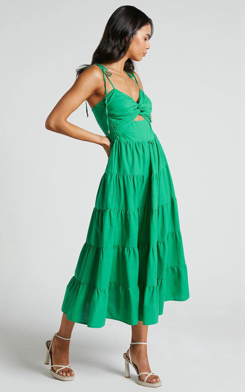 Showpo Leticia Midi Dress - Twist Front Tie Strap Tiered Dress Green | NYAMBW307