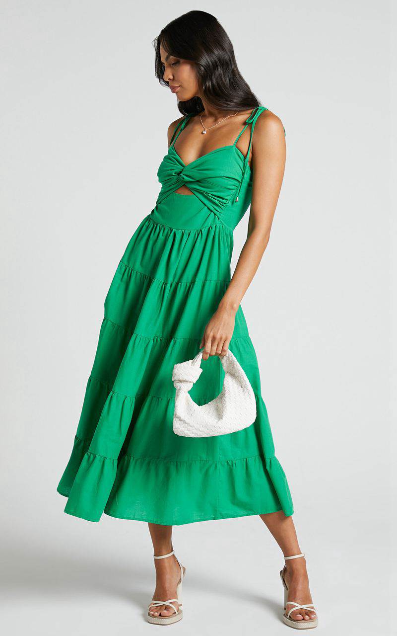 Showpo Leticia Midi Dress - Twist Front Tie Strap Tiered Dress Green | NYAMBW307