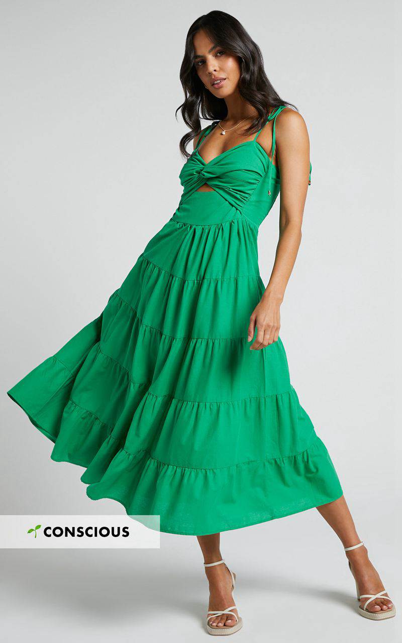 Showpo Leticia Midi Dress - Twist Front Tie Strap Tiered Dress Green | NYAMBW307