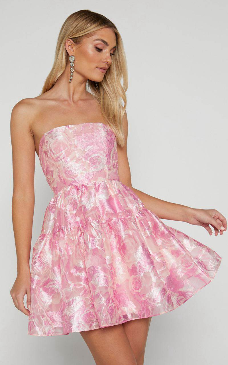 Showpo Lettie Mini Dress - Strapless Tiered Hem Dress Pink | FXDPWL284