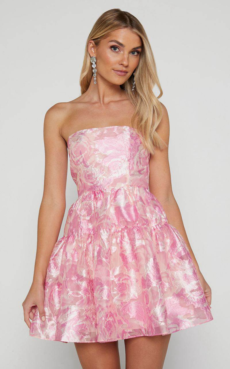 Showpo Lettie Mini Dress - Strapless Tiered Hem Dress Pink | FXDPWL284