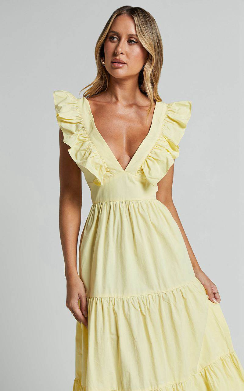 Showpo Levona Midi Dress - Ruffle Shoulder Tiered Dress Lemon | UTDRZA591