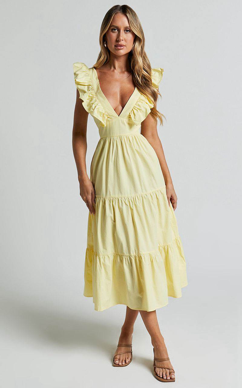 Showpo Levona Midi Dress - Ruffle Shoulder Tiered Dress Lemon | UTDRZA591