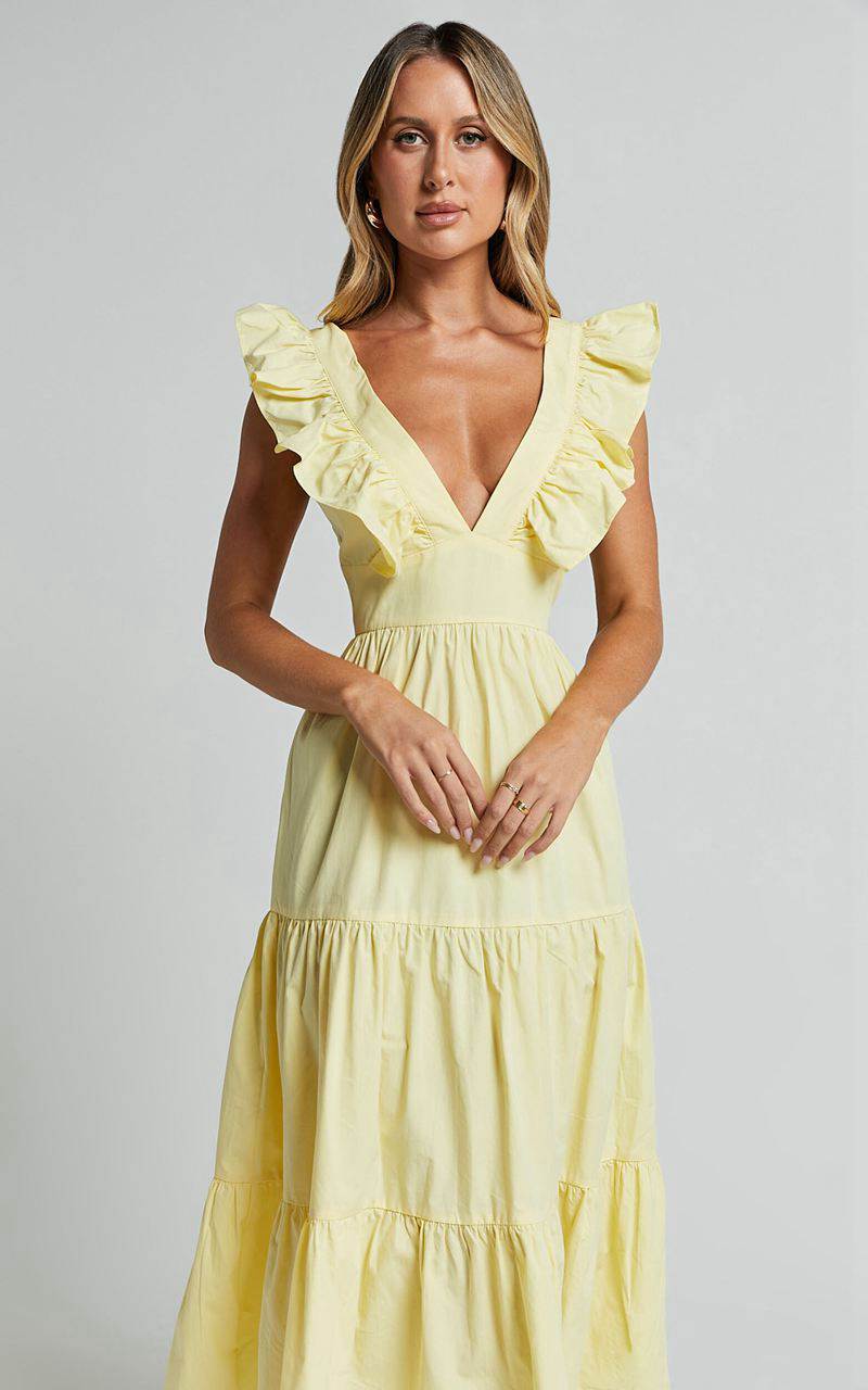 Showpo Levona Midi Dress - Ruffle Shoulder Tiered Dress Lemon | UTDRZA591