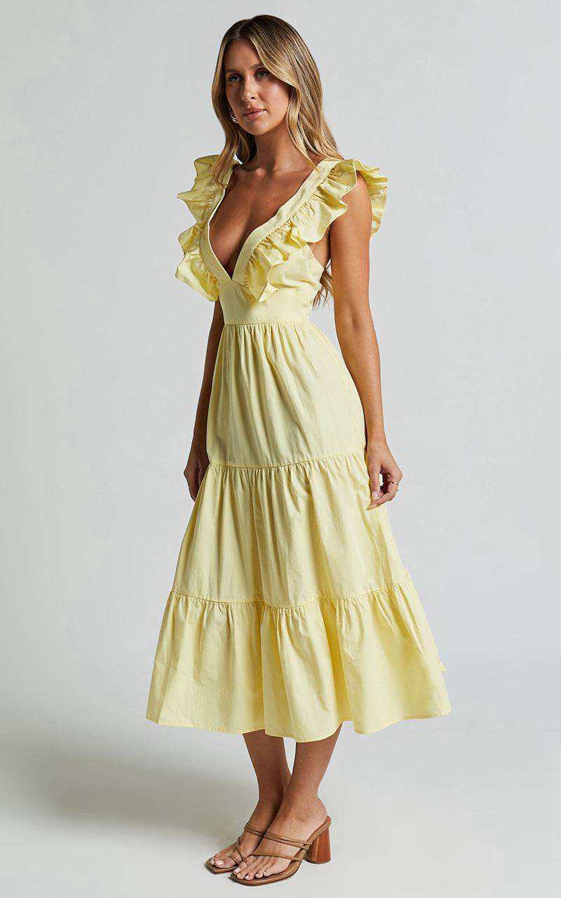 Showpo Levona Midi Dress - Ruffle Shoulder Tiered Dress Lemon | UTDRZA591