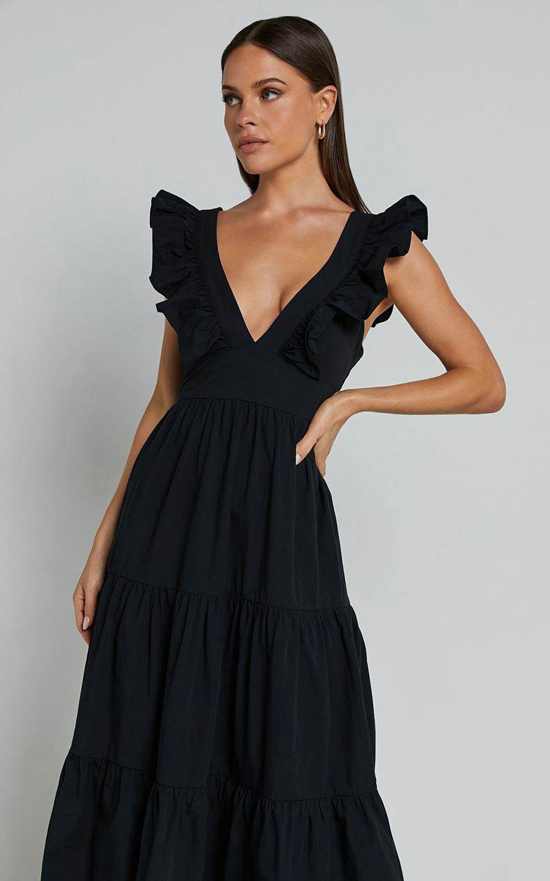 Showpo Levona Midi Dress - Ruffle Shoulder Tiered Dress Black | OLFASD810