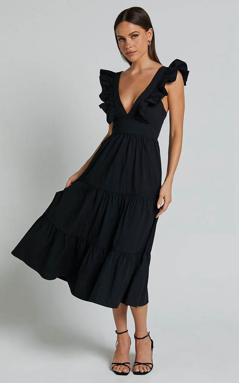 Showpo Levona Midi Dress - Ruffle Shoulder Tiered Dress Black | OLFASD810