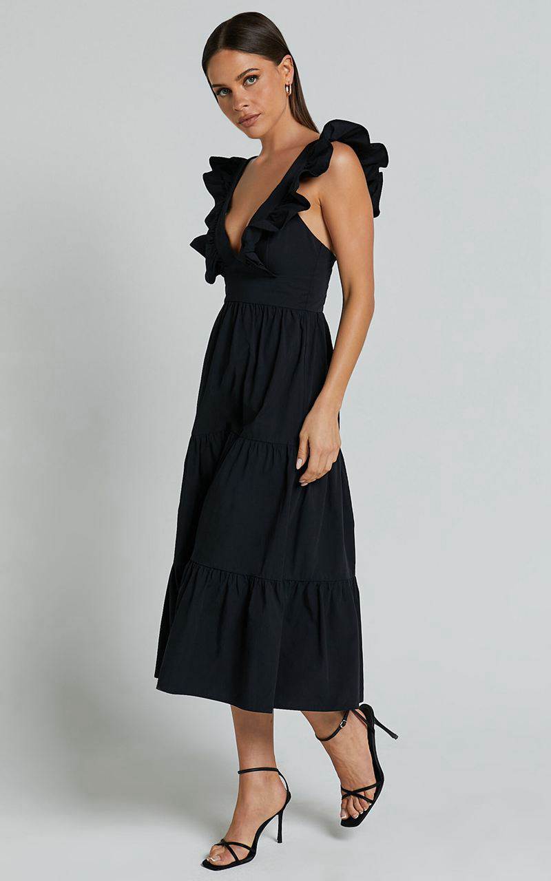 Showpo Levona Midi Dress - Ruffle Shoulder Tiered Dress Black | OLFASD810