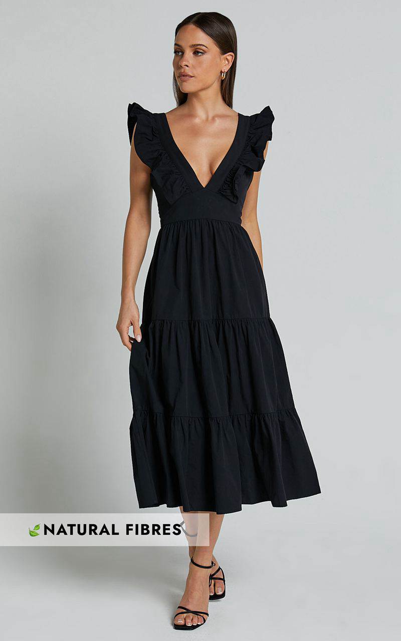 Showpo Levona Midi Dress - Ruffle Shoulder Tiered Dress Black | OLFASD810