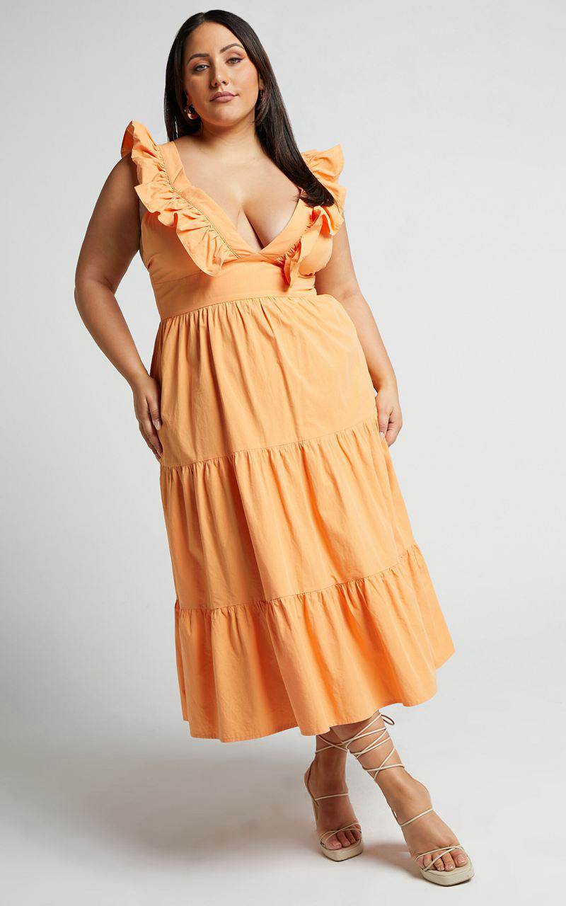 Showpo Levona Midi Dress - Ruffle Shoulder Tiered Dress Orange | NHRUIQ652