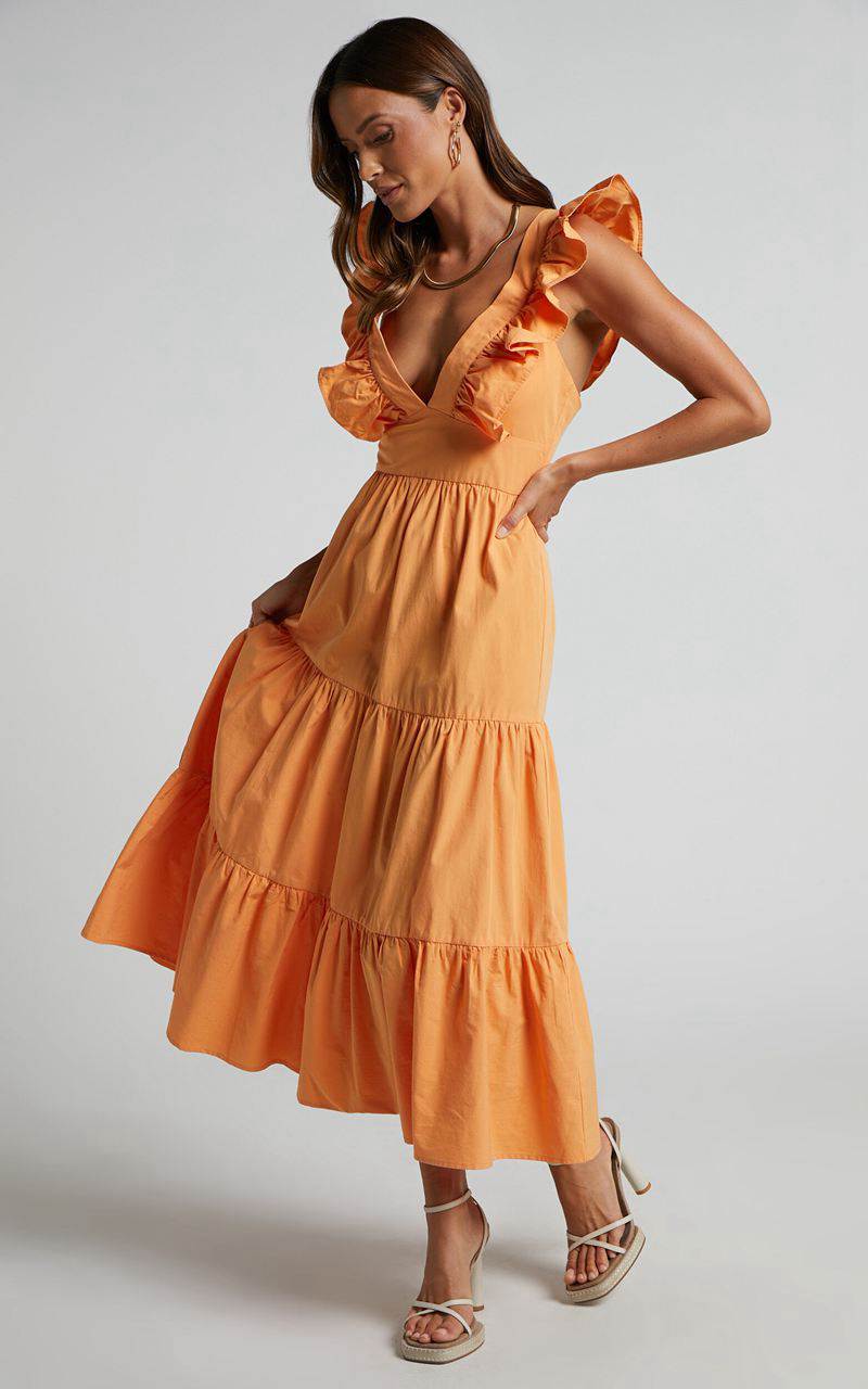 Showpo Levona Midi Dress - Ruffle Shoulder Tiered Dress Orange | NHRUIQ652