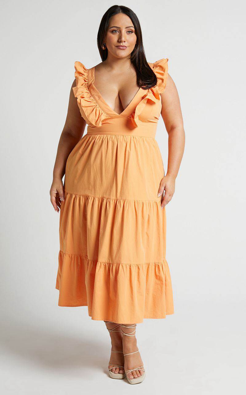 Showpo Levona Midi Dress - Ruffle Shoulder Tiered Dress Orange | NHRUIQ652