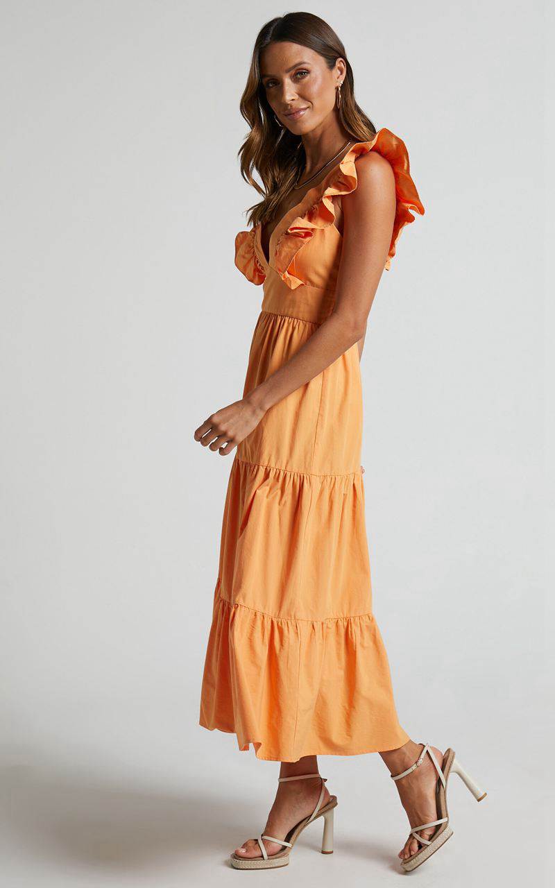 Showpo Levona Midi Dress - Ruffle Shoulder Tiered Dress Orange | NHRUIQ652