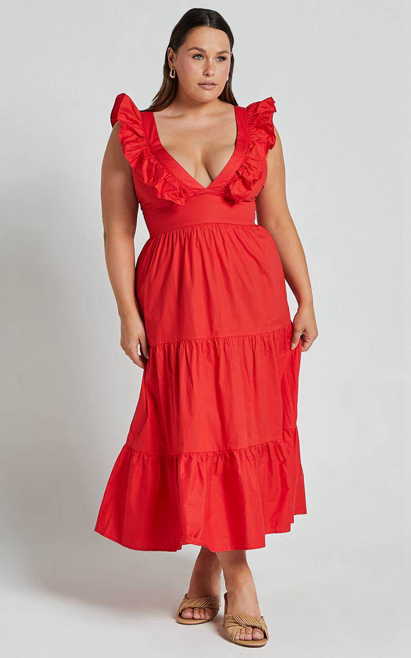 Showpo Levona Midi Dress - Ruffle Shoulder Tiered Dress Cherry Tomato | WYQGPC682