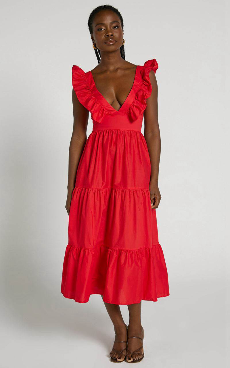 Showpo Levona Midi Dress - Ruffle Shoulder Tiered Dress Cherry Tomato | WYQGPC682