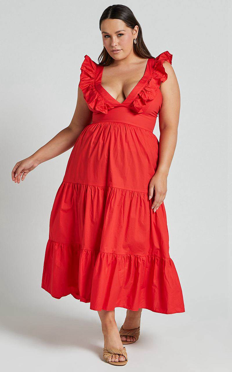 Showpo Levona Midi Dress - Ruffle Shoulder Tiered Dress Cherry Tomato | WYQGPC682