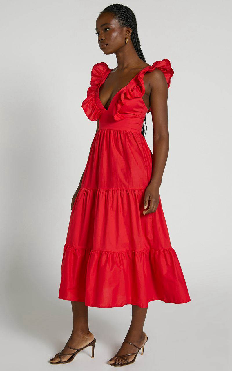 Showpo Levona Midi Dress - Ruffle Shoulder Tiered Dress Cherry Tomato | WYQGPC682