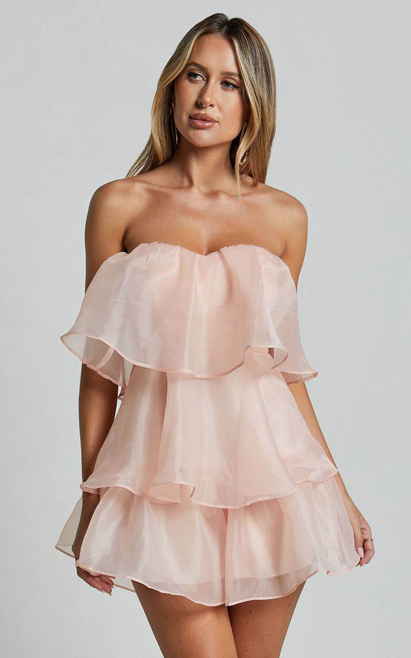 Showpo Lexi Playsuit - Strapless Tiered Frill Playsuit Peach | KNLYDF587