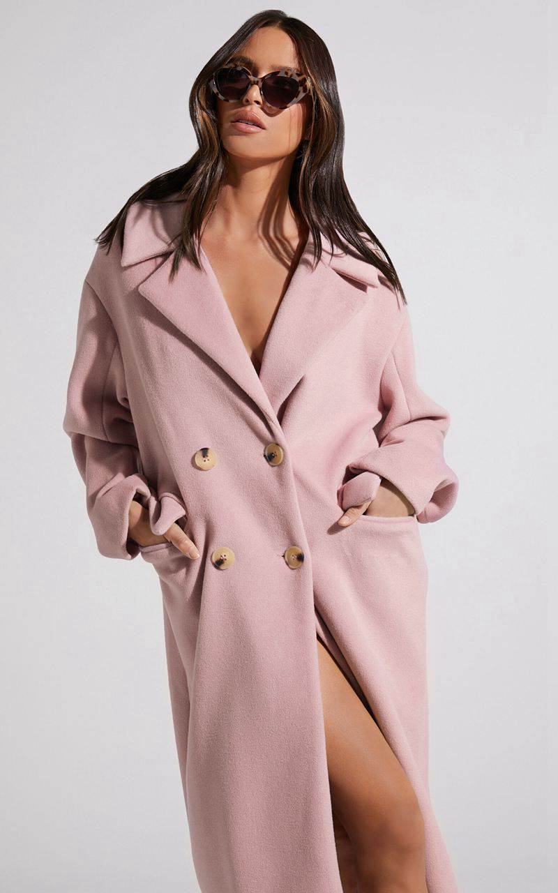 Showpo Libee Coat - Double Breasted Longline Coat Dusty Pink | DOWUKR560