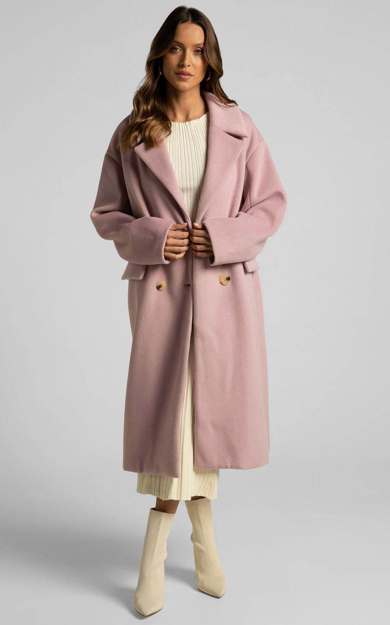 Showpo Libee Coat - Double Breasted Longline Coat Dusty Pink | DOWUKR560